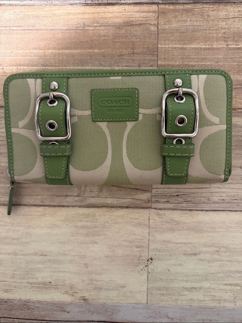 Coach Green Signature Canvas Zip-Around Wallet with Buckle Accents Vintage RARE